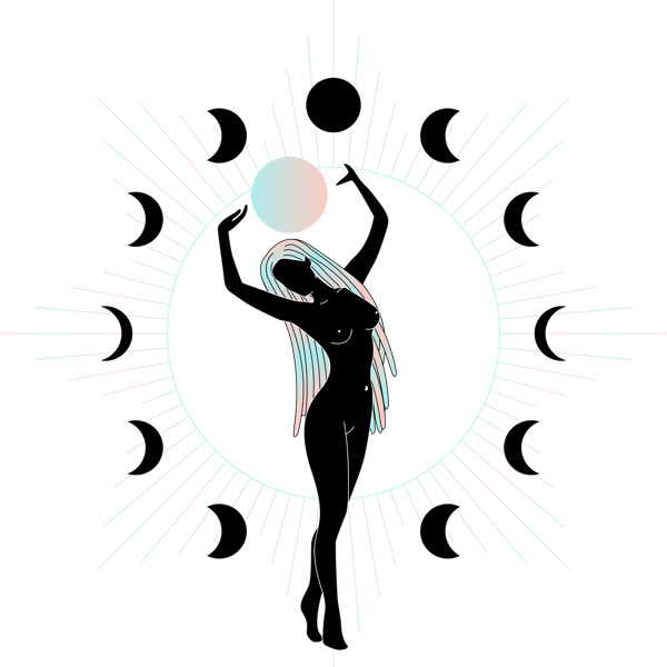 Illustration of a woman surrounded by the phases of the Moon — 13 Moon Calendar