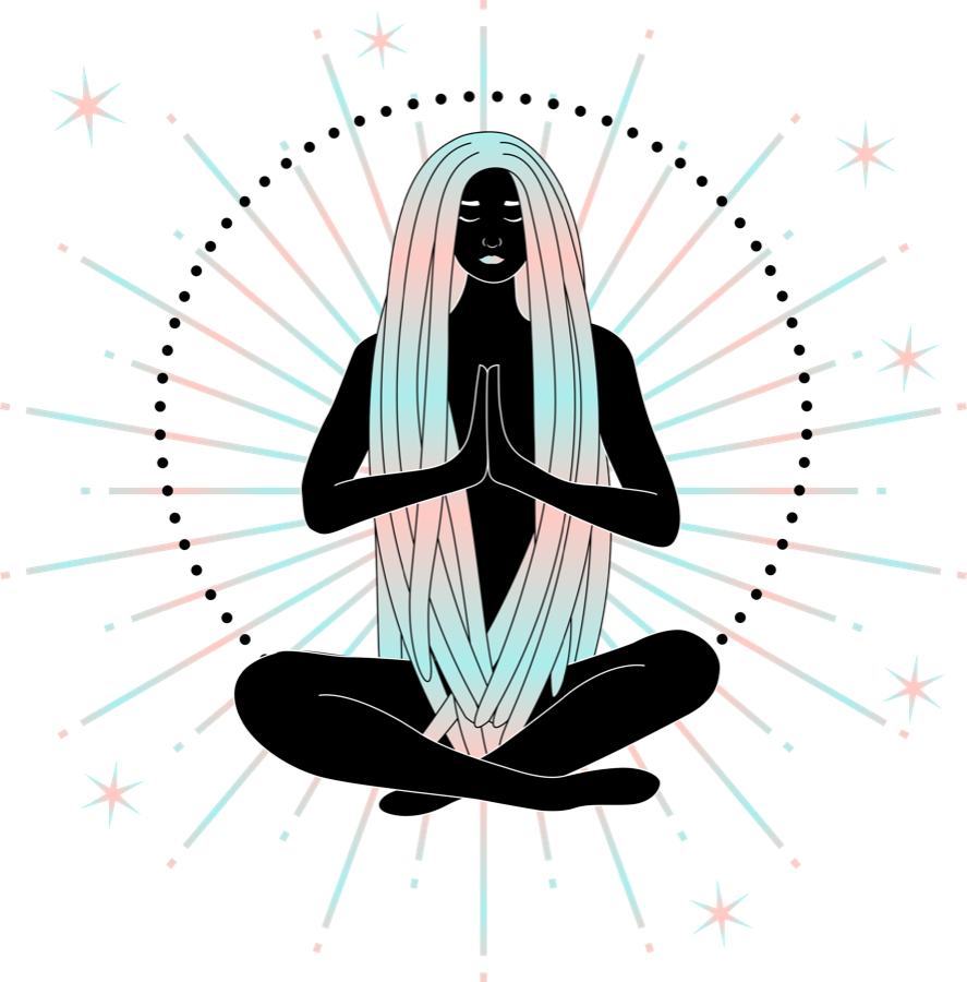 Illustration of a woman meditating, surrounded by rays of light