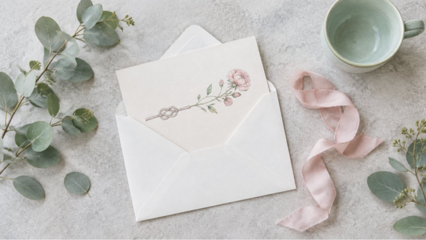 An envelope with a card on which a knot turns into a flower