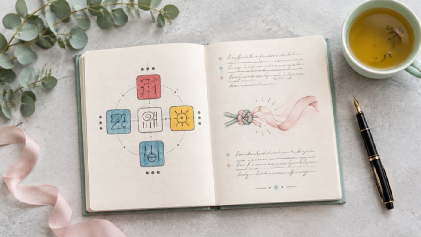 An open notebook with a drawn oracle and a knot unraveling into a ribbon
