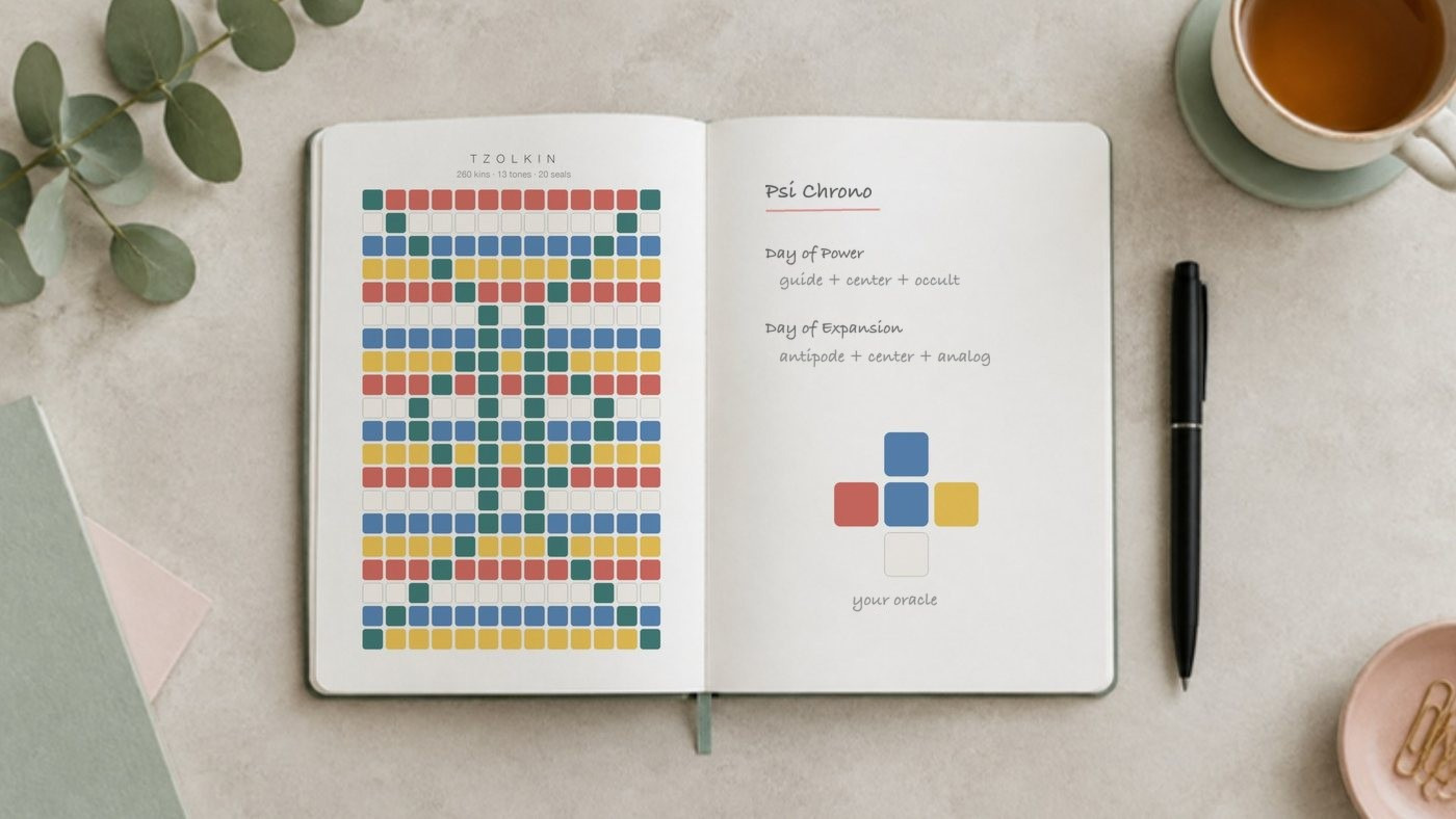 An open notebook with the Tzolkin (13 × 20) and notes about the Day of Power and Day of Expansion