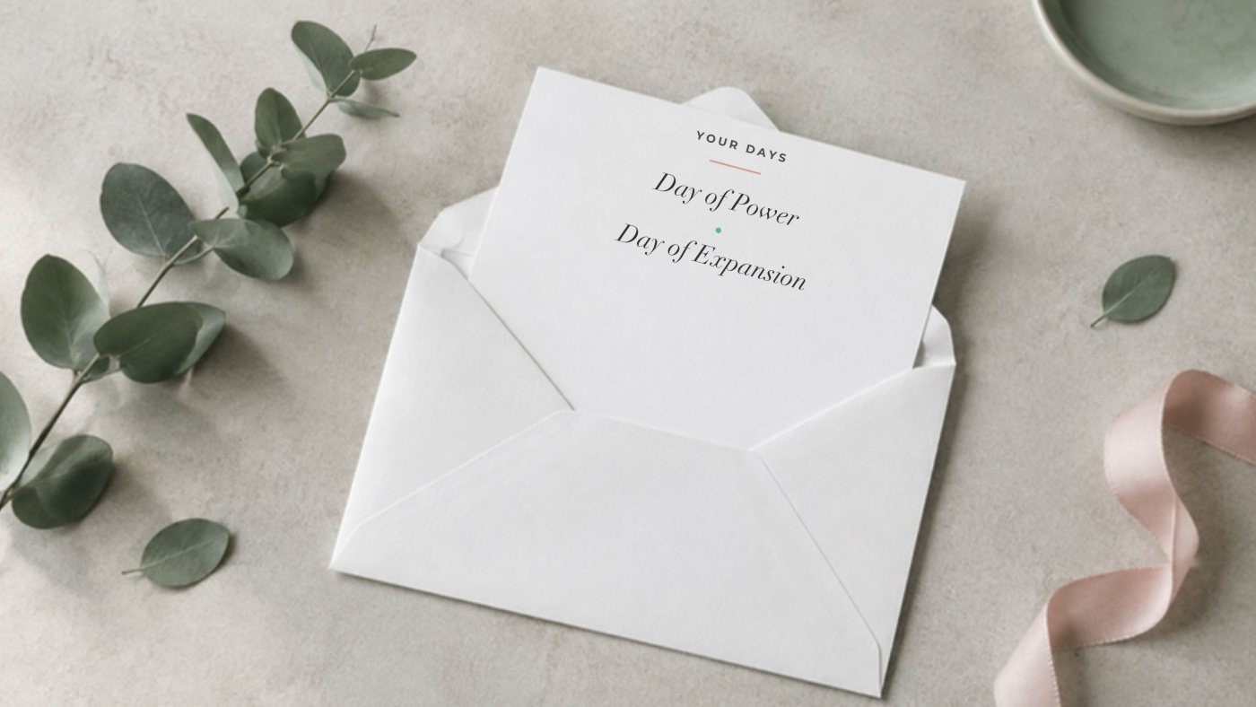 An envelope with a card: Your Days – Day of Power and Day of Expansion